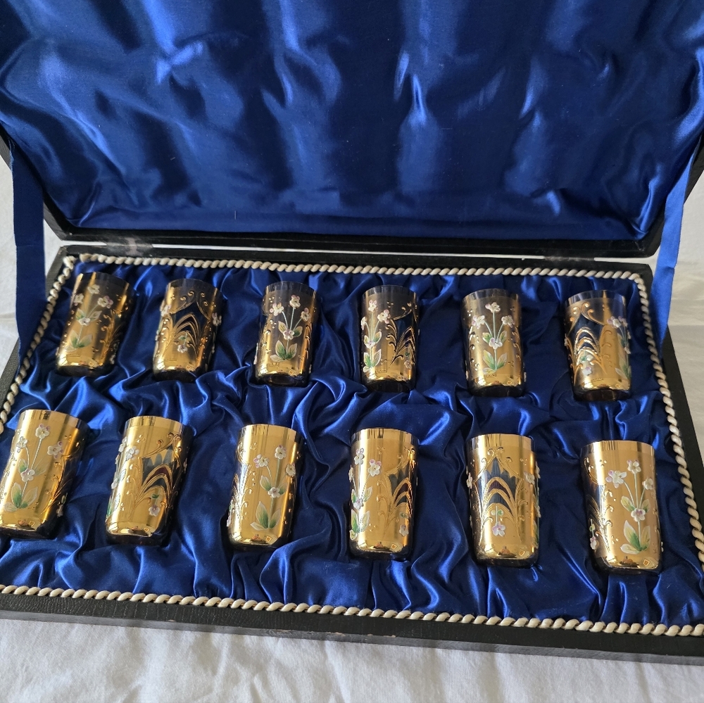 Antique Czech Hand-painted Gold Shot Glass Set